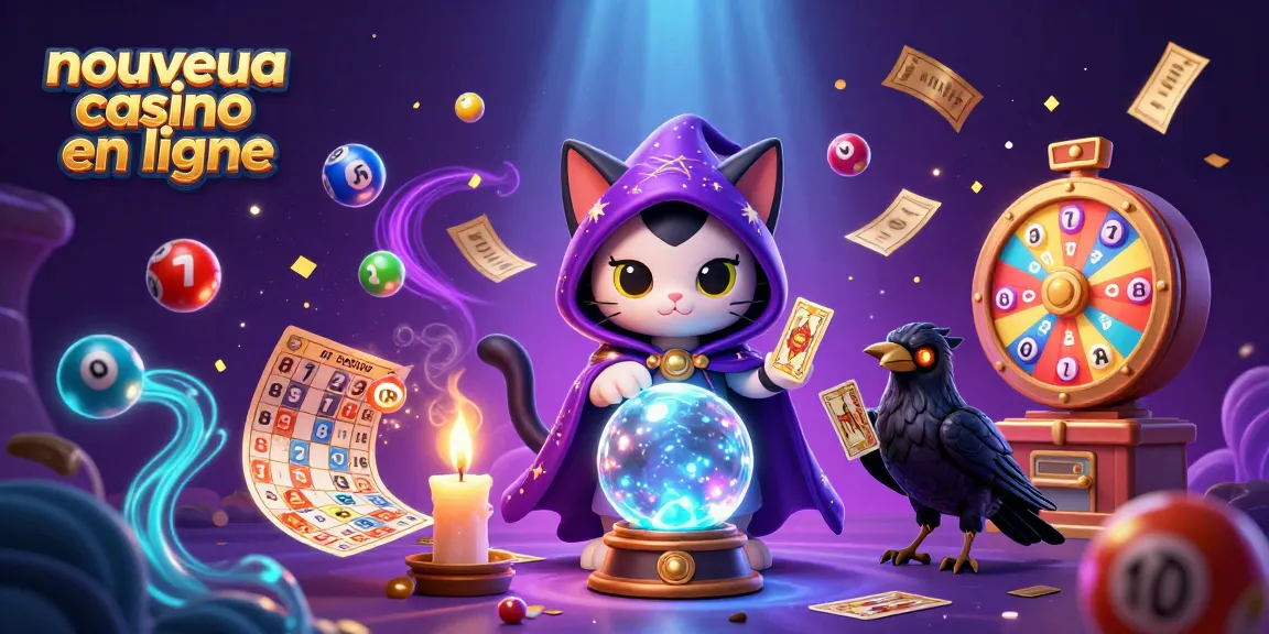 Visualisez un nouveau casino en ligne animé avec un chat mystique, un corbeau, et des éléments de loterie vibrants.