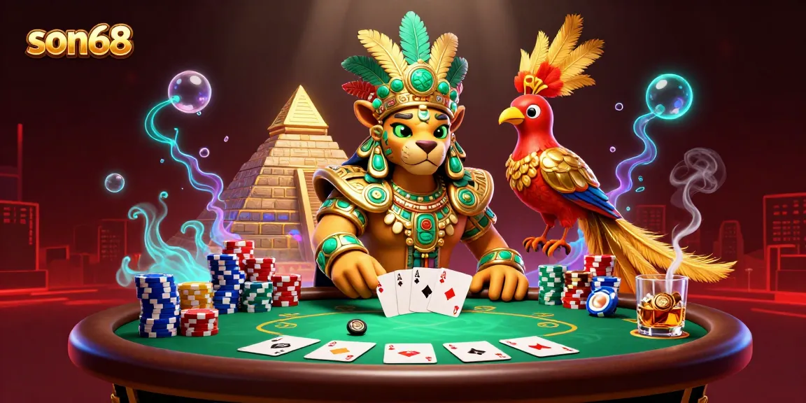 Immerse in vibrant gambling action with son68, featuring a Mayan priest and poker elements.