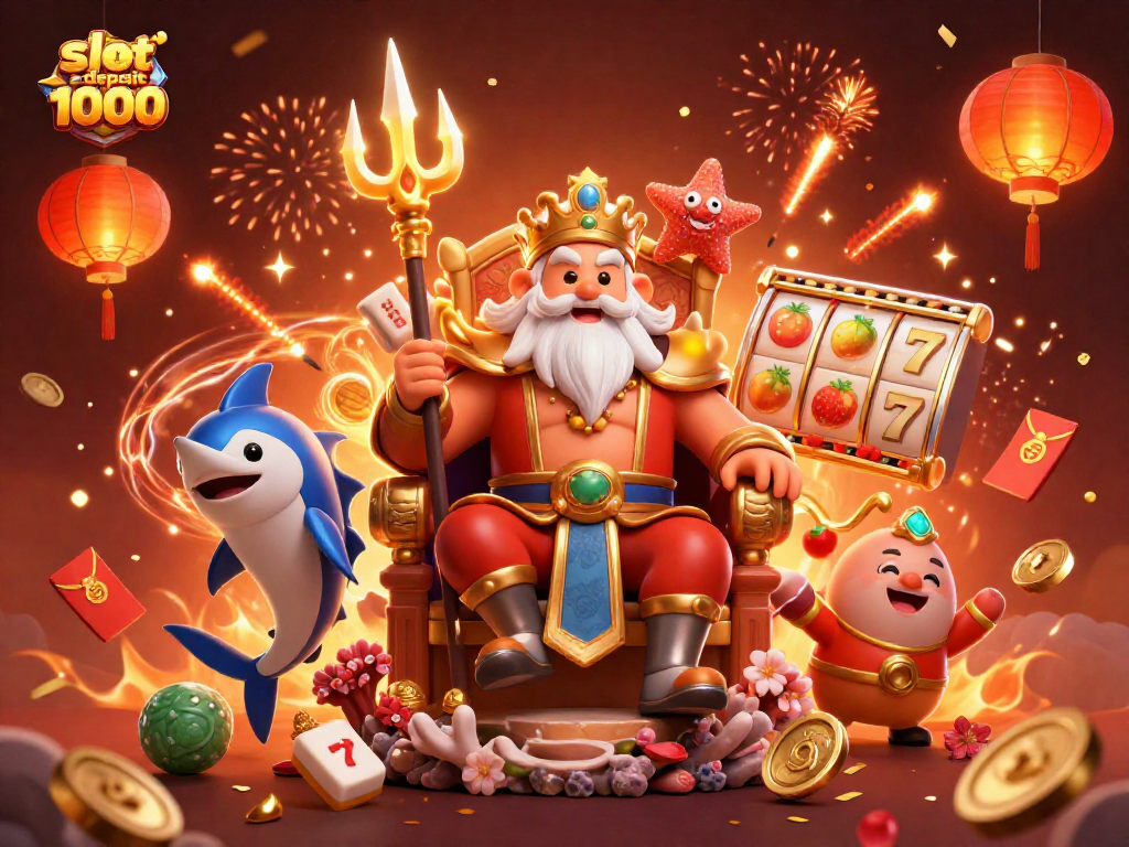 Experience thrilling wins with slot deposit 1000 at our vibrant casino decorated with fruits and prizes.