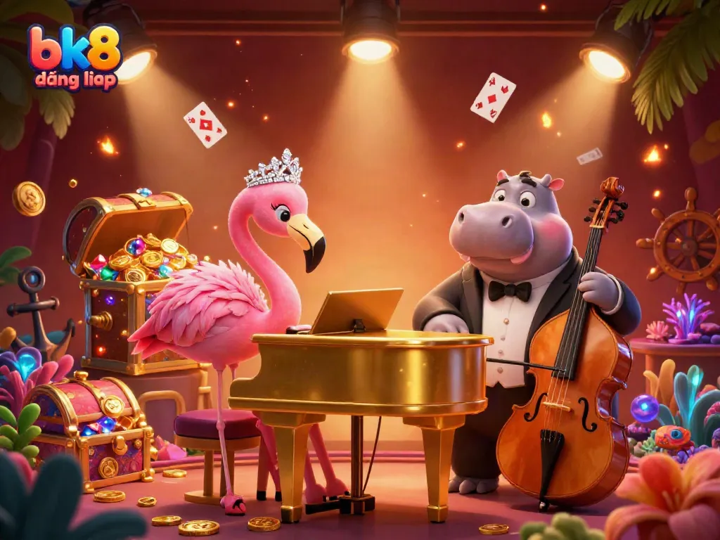 Experience the vibrant scene of bk8 đăng nhập with a flamingo singer and hippo bassist in a casino.