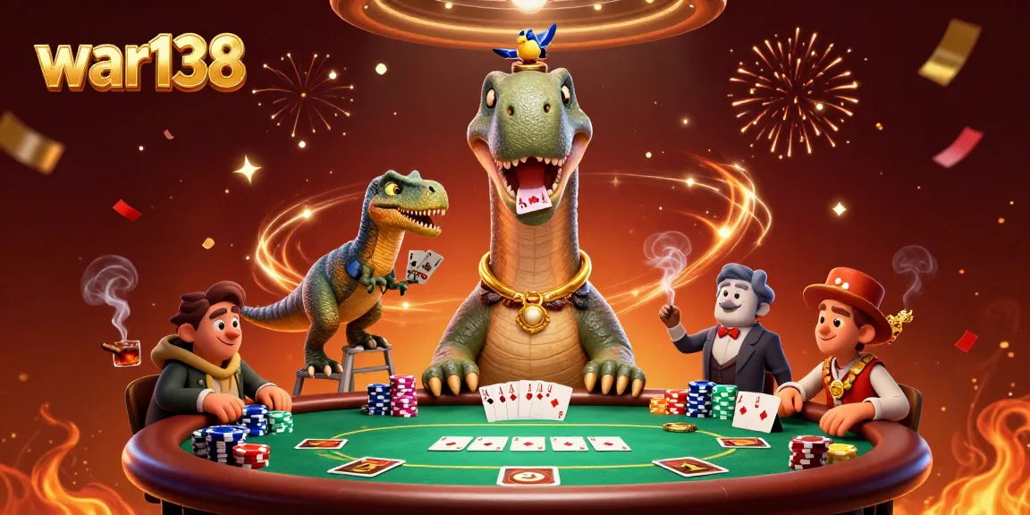 Experience thrilling poker action at war138 with a giant dinosaur overseeing the game.