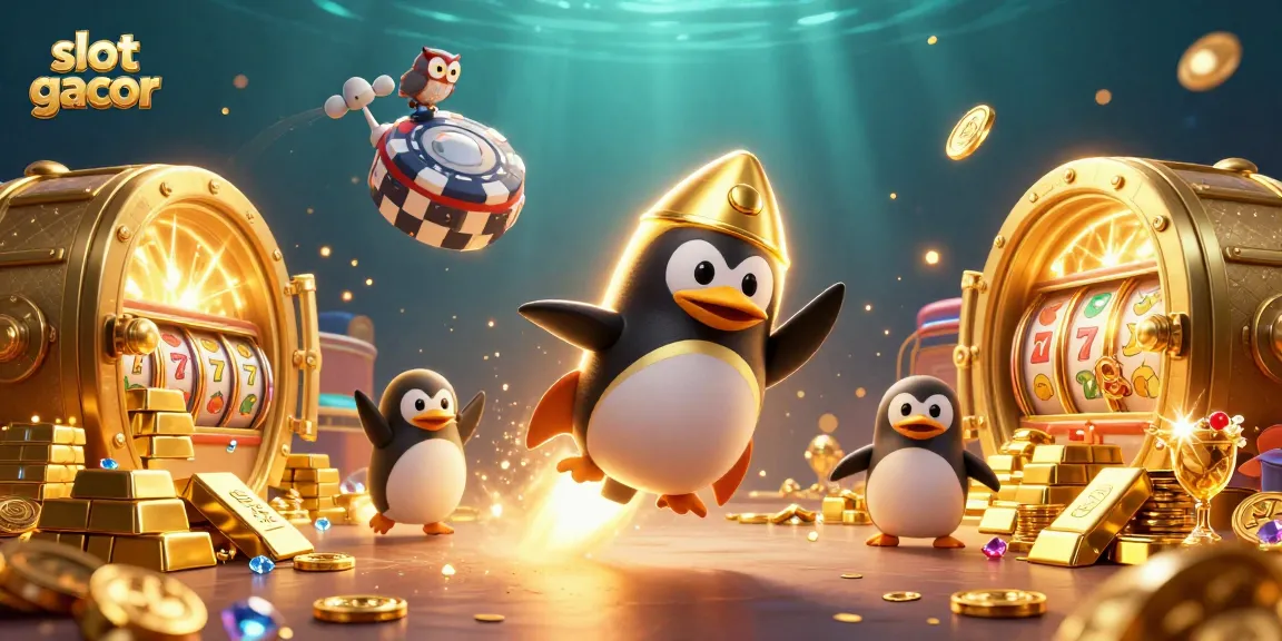 Experience the thrill of slot gacor with a golden penguin soaring above vibrant casino treasures.