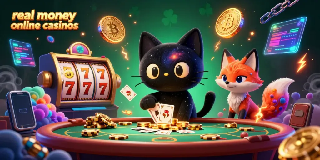 Experience real money online casinos with vibrant characters and cosmic gaming elements surrounding them.