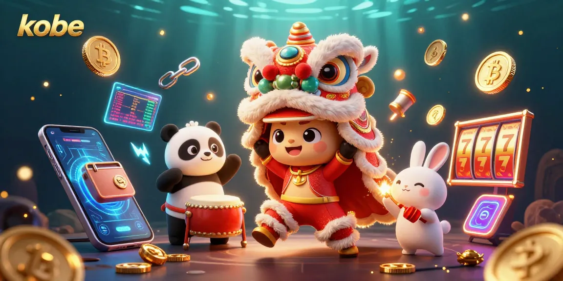 Kobe casino illustration showcasing a lion dance, drumming panda, and vibrant gaming elements.