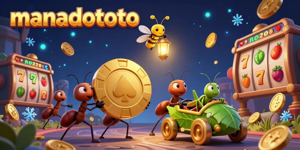 Experience the thrill of manadototo with animated ants on a heist carrying a giant poker chip, surrounded by vibrant slot elements.