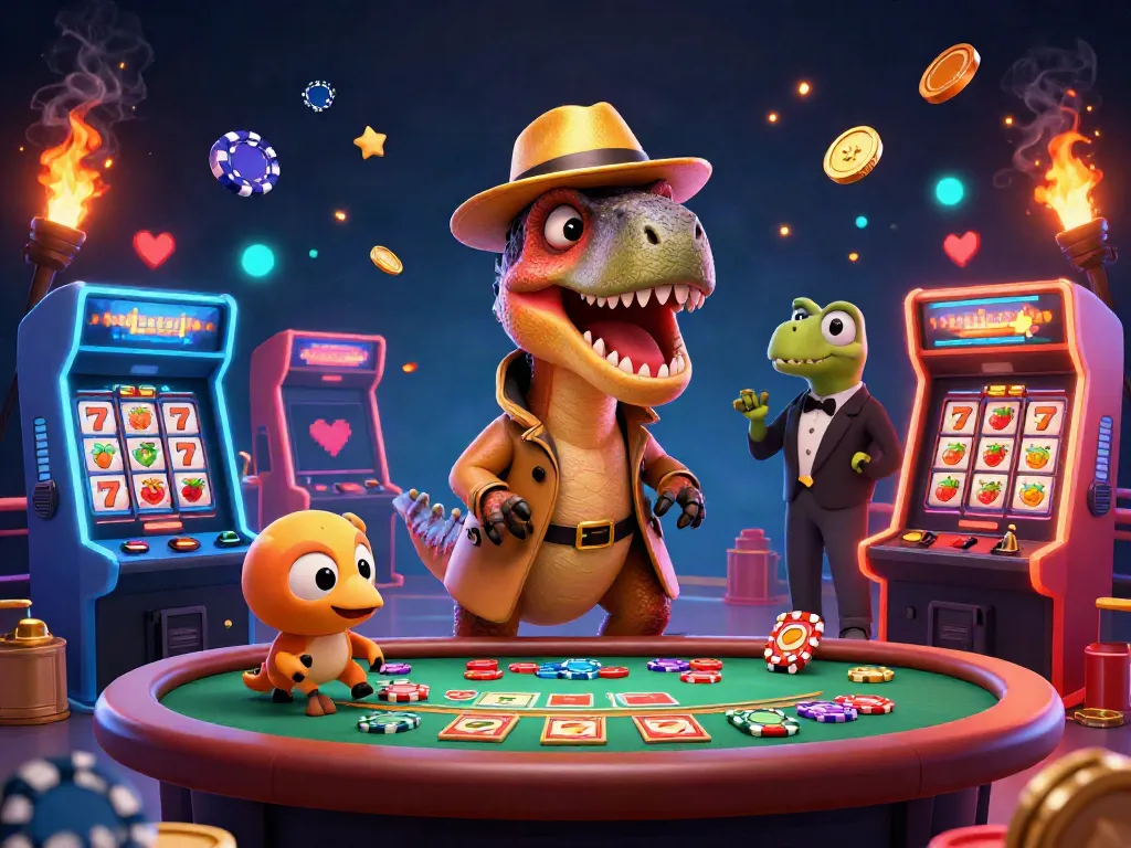 Slot gacor yang menampilkan velociraptor di meja blackjack, dikelilingi mesin arcade dan jackpot.