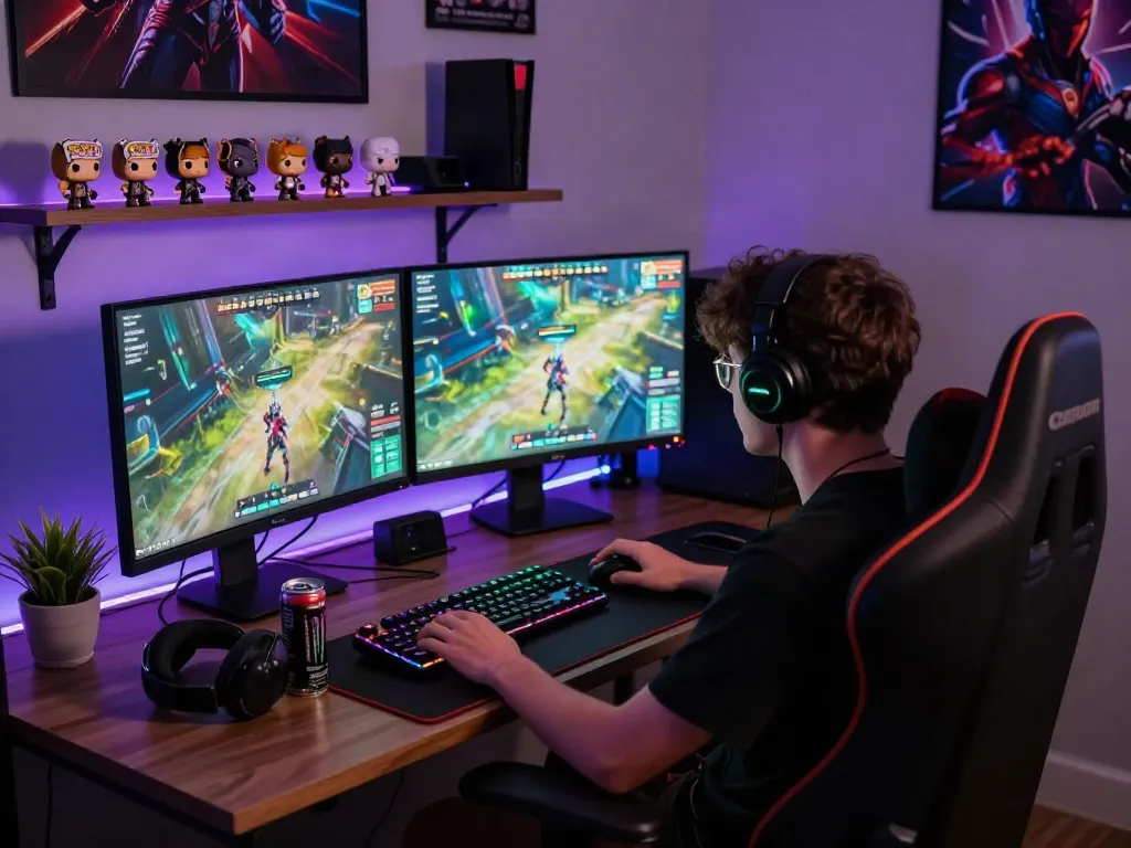 Gamer memainkan diana4d dalam suasana malam yang nyaman dengan pencahayaan LED.