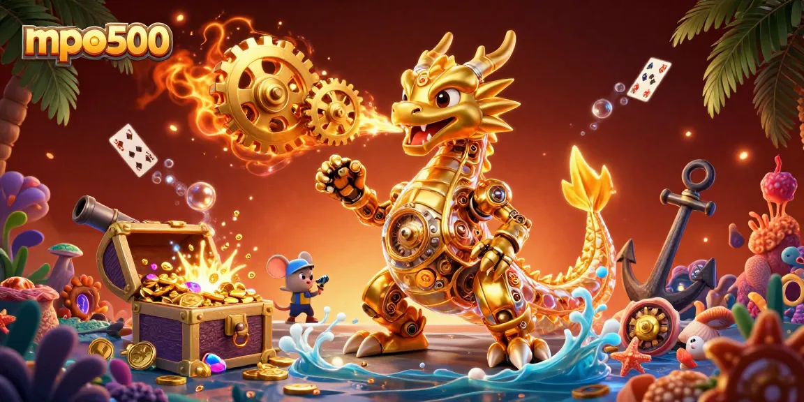 MPO500 showcases vibrant casino elements while a golden dragon breathes gears, enhancing your gaming experience.