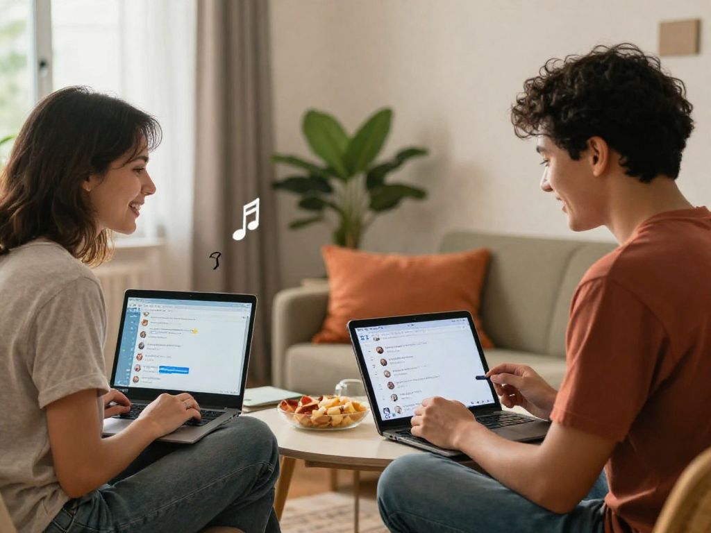 Casual chat between two users in a cozy living room discussing sex chat online.