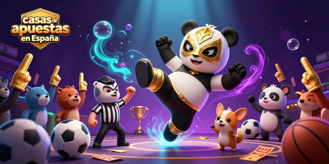 Apuesta emocionante en casas de apuestas en España con un panda luchador, un árbitro chihuahua y un público animado.