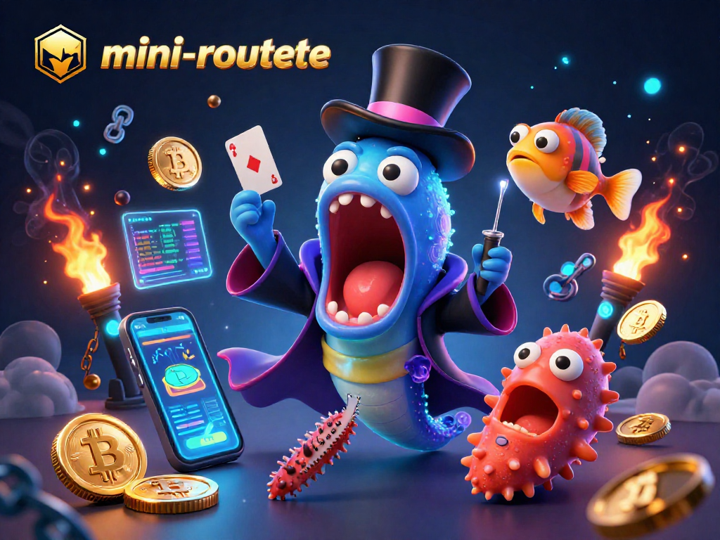 Experience the thrill of mini-roulette with illuminated characters and crypto elements in a magical casino scene.
