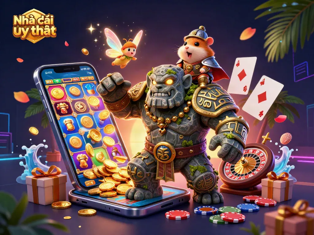 Exciting 3D scene showcasing Nhà cái uy tín with a magical golem, fairy, and hamster knight amid vibrant casino elements.