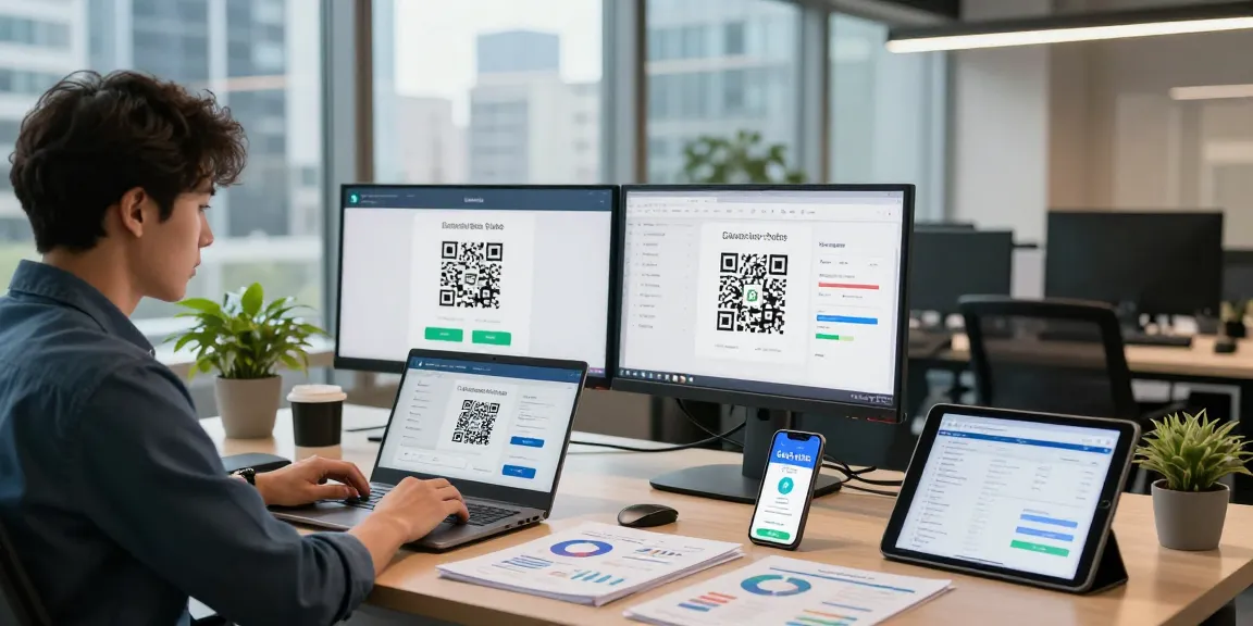 Fintech expert analyzing slot qris solutions on laptop with digital interface.