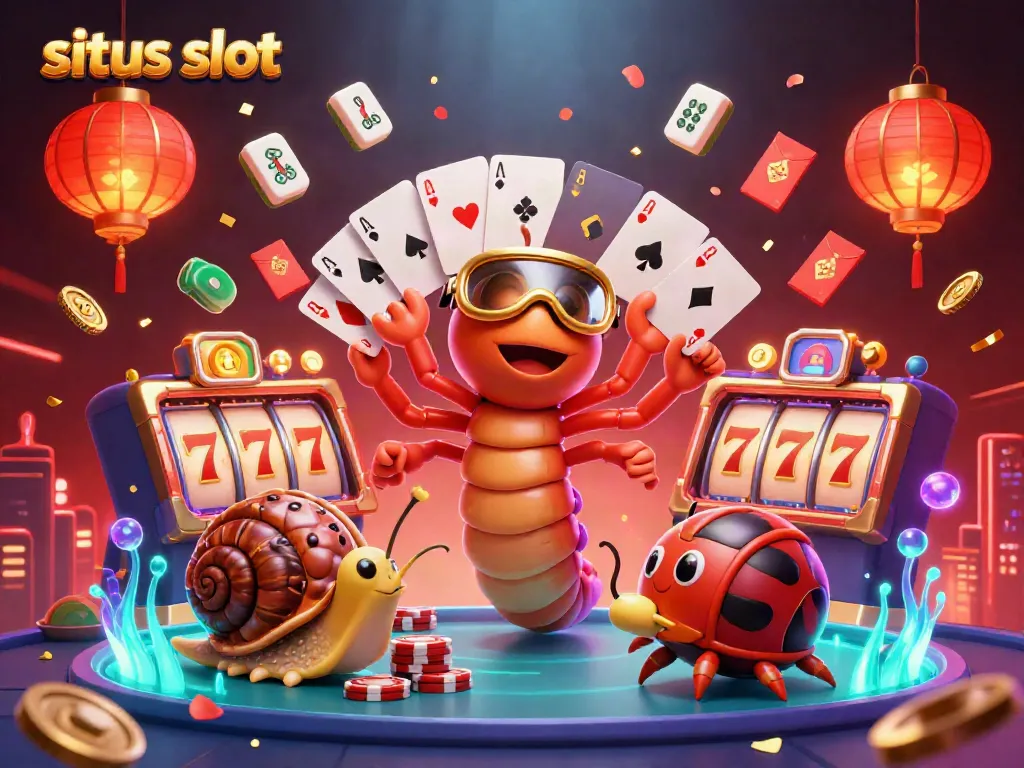 Experience thrilling situs slot action with a vibrant cartoon scene featuring a millipede dealer and exciting game elements.