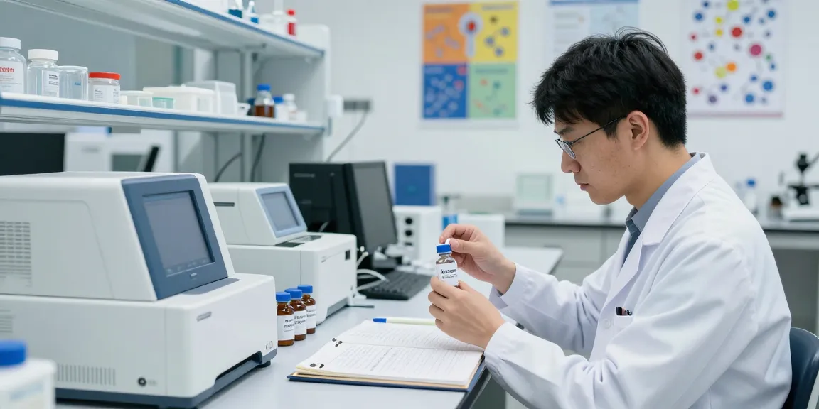 Scientist analyzing research peptides like Klow Peptide Stack in a modern laboratory.