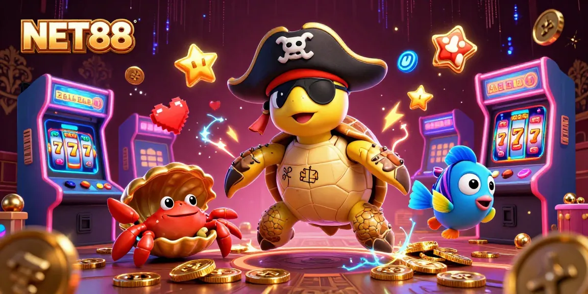 NET88 casino illustration featuring a pirate turtle, hermit crab, and parrotfish above slot machines with vibrant gaming elements.