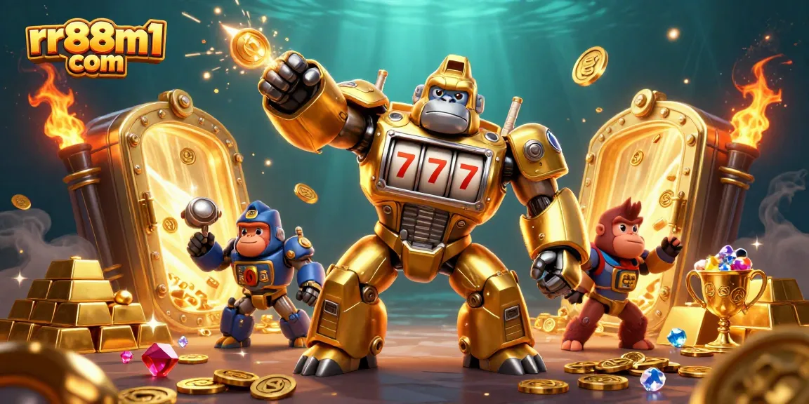 Experience thrilling wins at rr88m1 com with dynamic golden gorilla mech and slot machine elements.