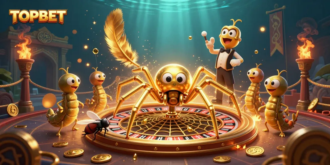TOPBET features an engaging scene with a golden spider and a centipede croupier in a roulette web.