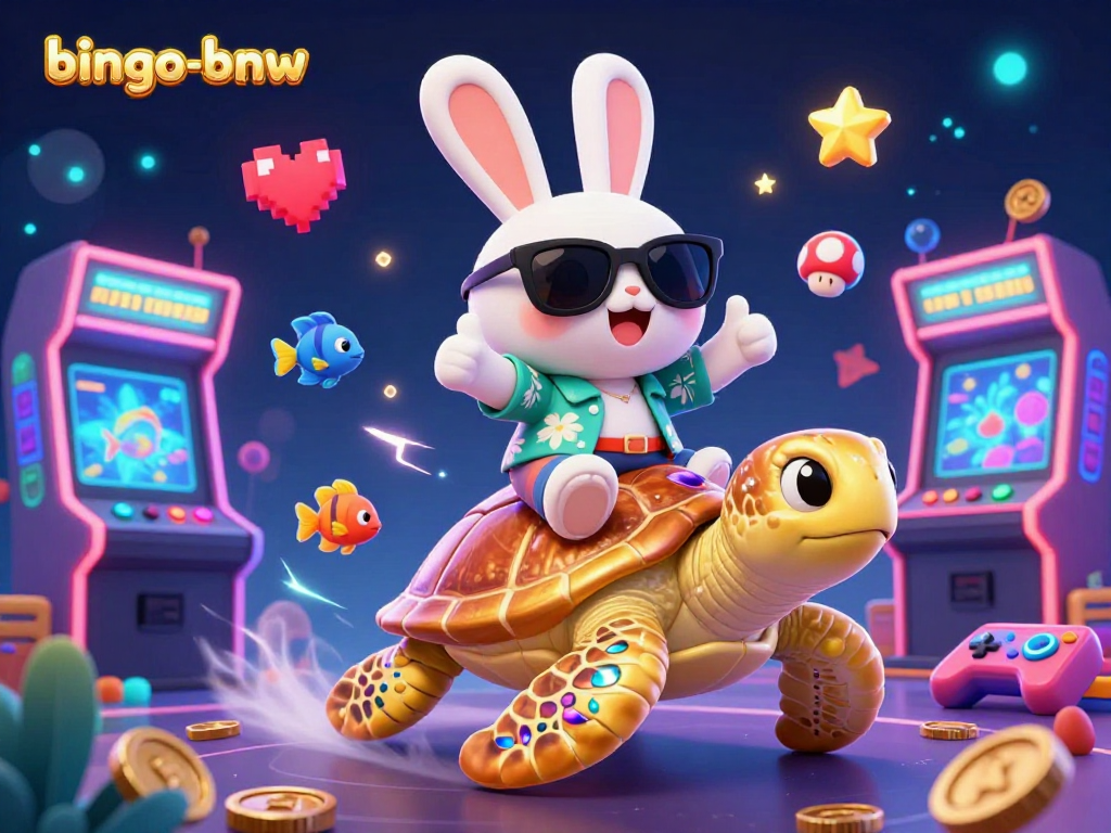 Engage in thrilling gameplay at bingo-bnw as a lucky rabbit rides a golden turtle amidst vibrant gaming action.