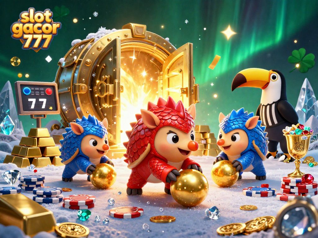 Experience excitement with slot gacor 777 as cartoon pangolins roll through golden jackpots and poker stacks.