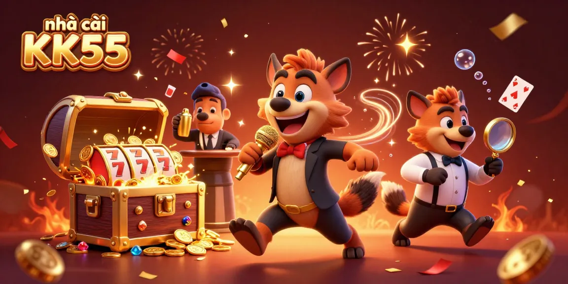 Experience the excitement at nhà cái KK55 with vibrant casino atmosphere and cartoon hyenas in action.