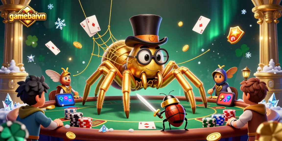 Experience Poker action with gamebaivn as a giant tarantula weaves a golden thread in a casino setting.