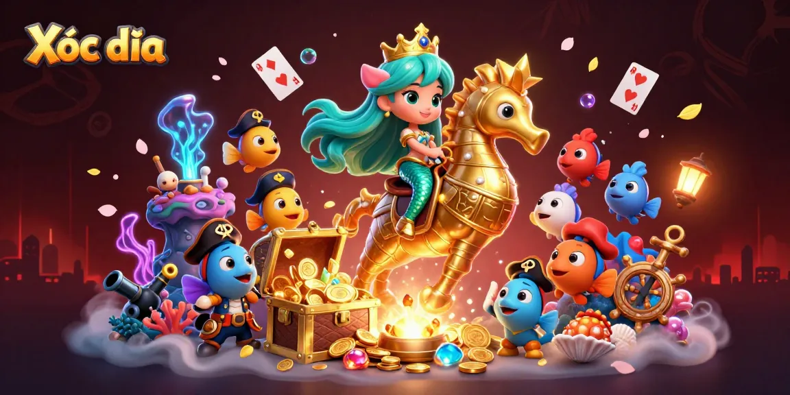 Xóc đĩa game illustration with vibrant 3D characters and rich casino elements, capturing dynamic underwater excitement
