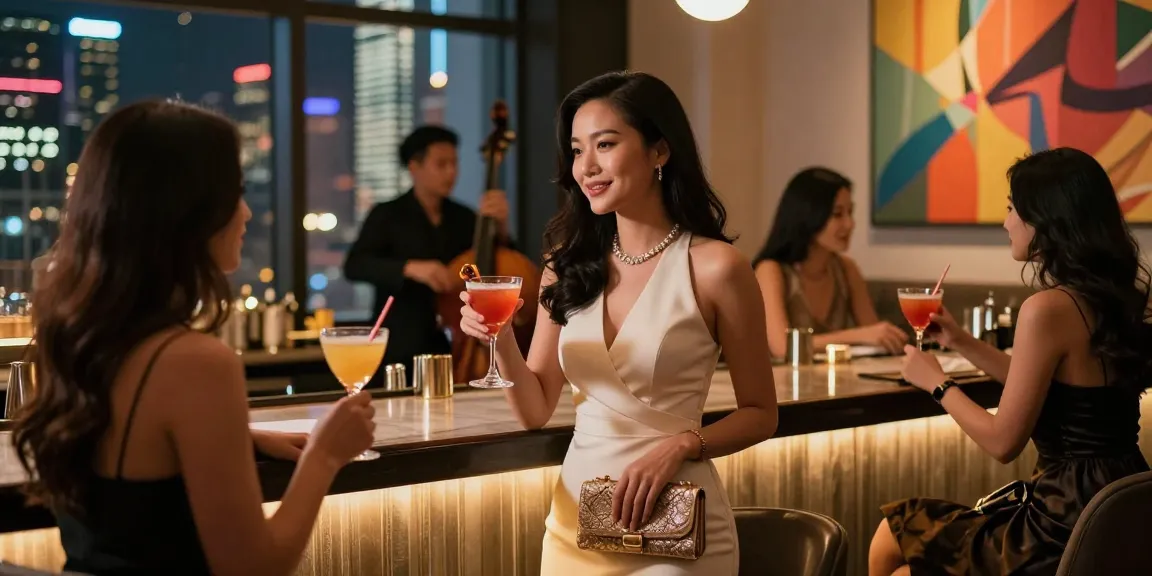 Gái gọi tham gia đêm tiệc sang trọng, nâng ly cocktail trong bầu không khí ấm áp.