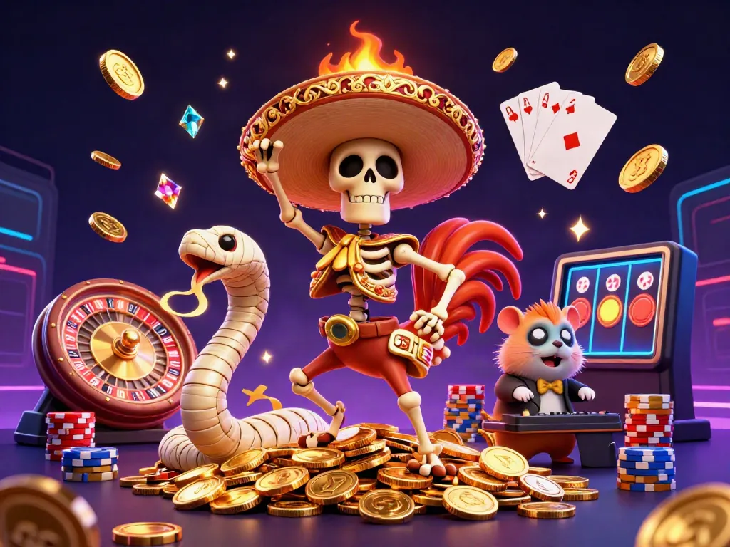 ภาพการเต้นที่น่าตื่นเต้นของrooster mariachi บนกองเหรียญทองในธีมคาสิโน ซึ่งสวยงามและน่าตื่นตาตื่นใจ.