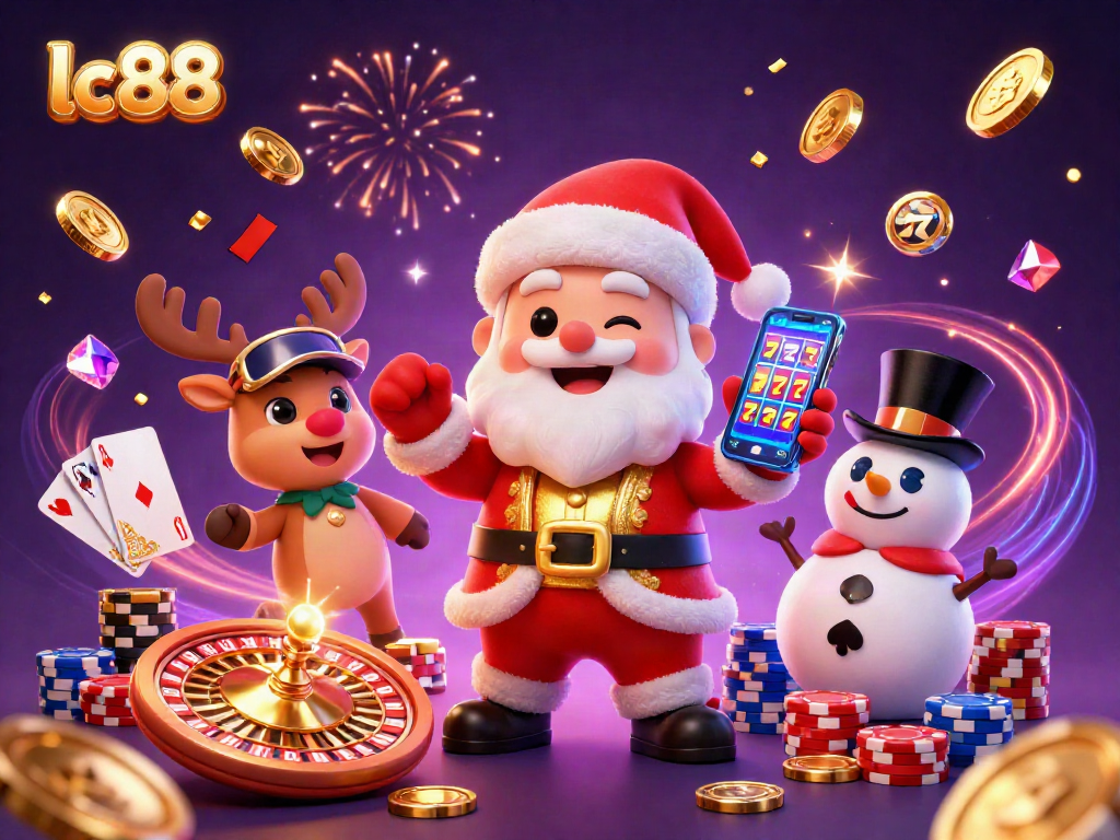 Spin to win with lc88 as Santa and friends celebrate jackpots in a lavish casino scene.