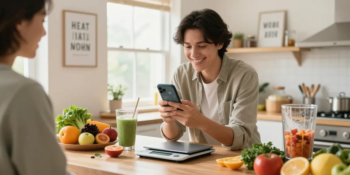 Person using the best calorie tracker app in a bright kitchen, tracking meals with fresh ingredients.