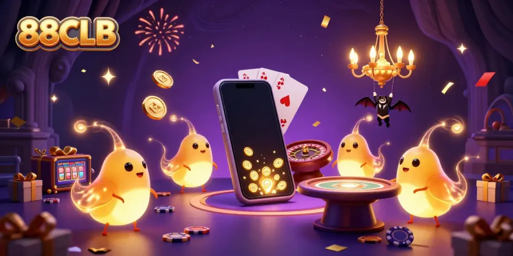 Join the fun at 88CLB with a colorful casino scene featuring sparkling glowworms and gaming elements.