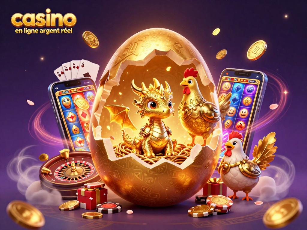 Vivez l'excitation du casino en ligne argent réel avec un bébé dragon en or sur un nid de jetons de poker.
