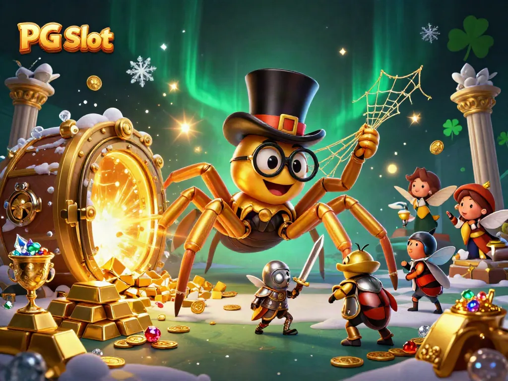 Menangkan jackpot dengan PG Slot melalui ilustrasi penuh warna dari ratu laba-laba emas dan ksatria kecil.