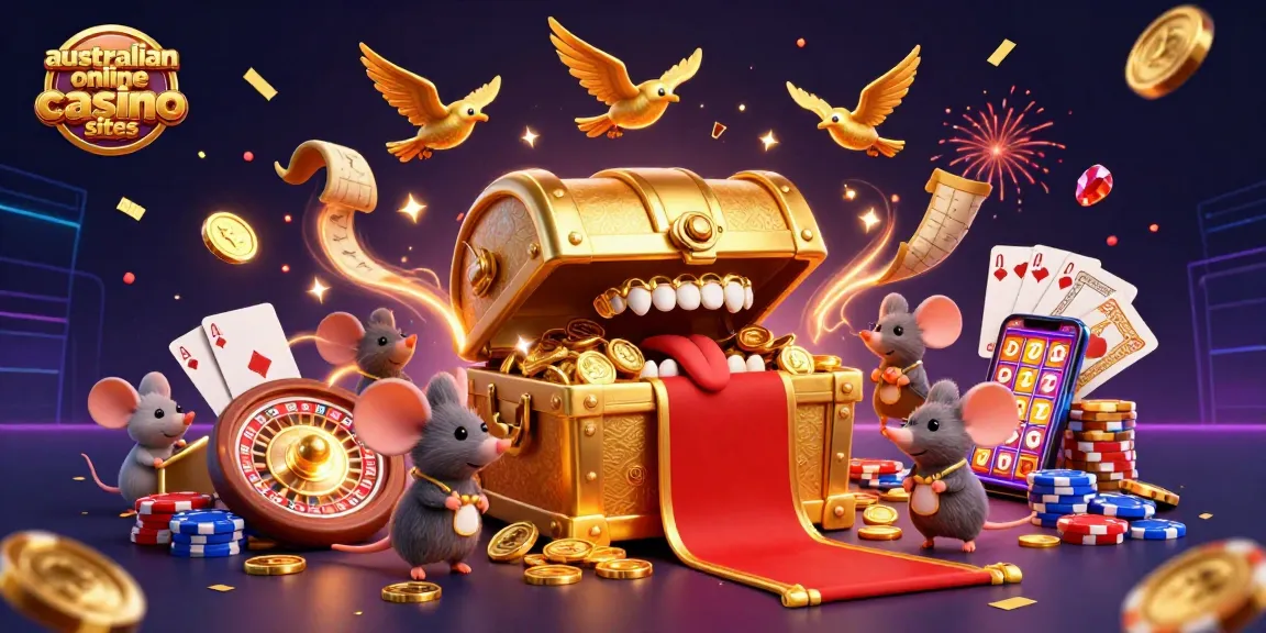 Adventurer mice drawn to a treasure chest among sparkling coins and casino elements on australian online casino sites.