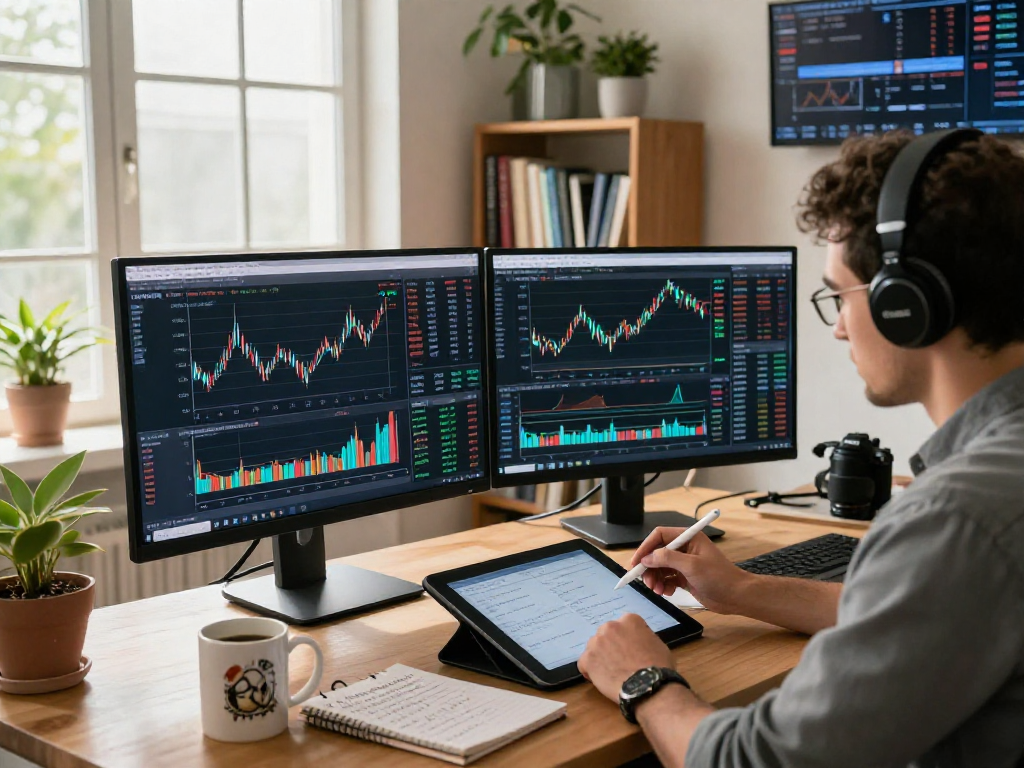 TradingView workspace with analyst reviewing charts and market indicators on dual monitors in a cozy office setting