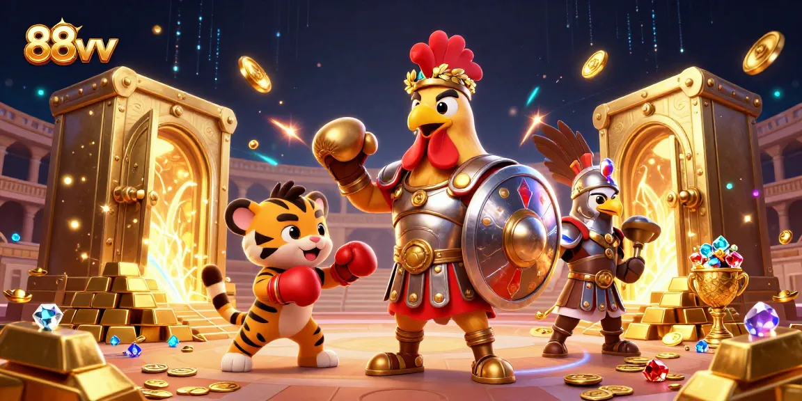 Experience epic wins at 88vv with a gladiator rooster battling for treasure in a vibrant arena.