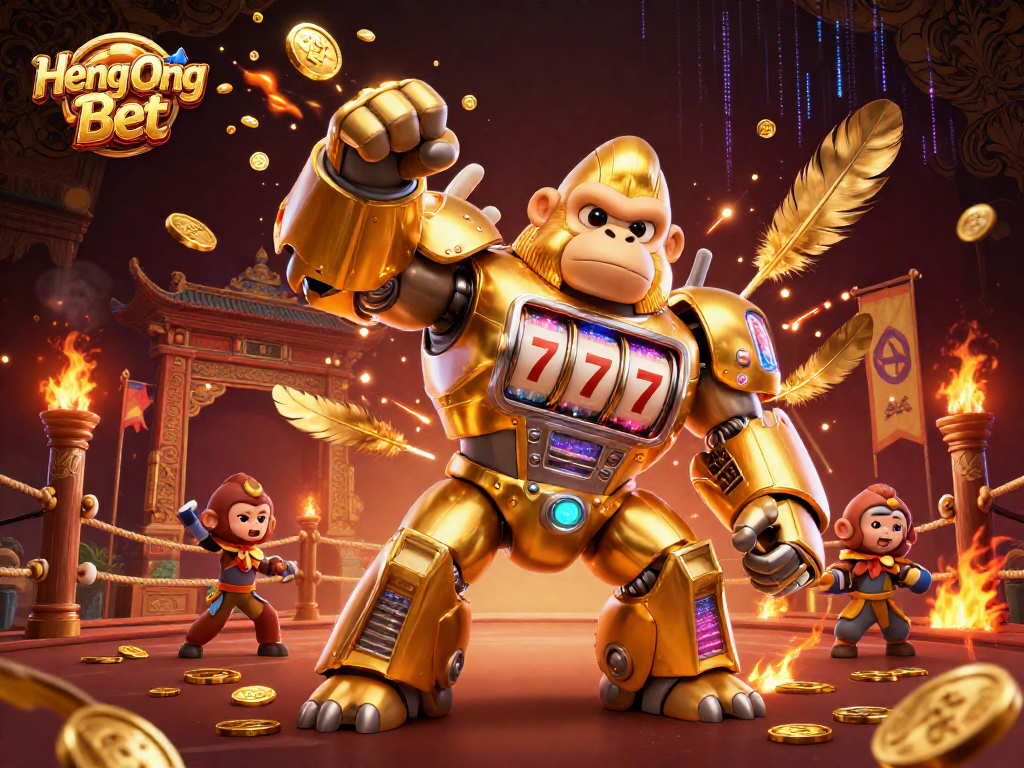 Engage with the dynamic Heng Ong Bet scene featuring an epic golden gorilla mech and vibrant casino elements.