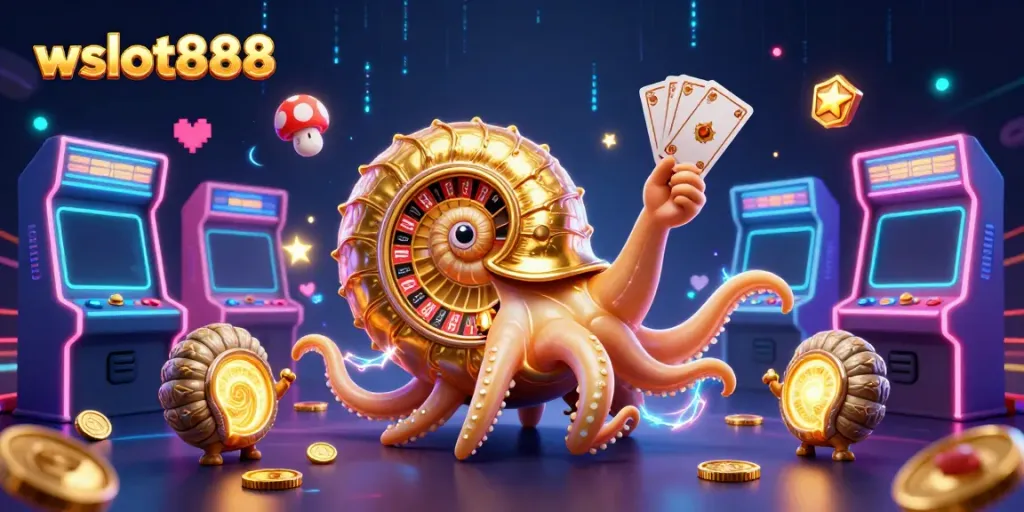 Gambarlah wslot888 dengan nautilus dan mesin judi cerah yang menghiasi latar belakang.