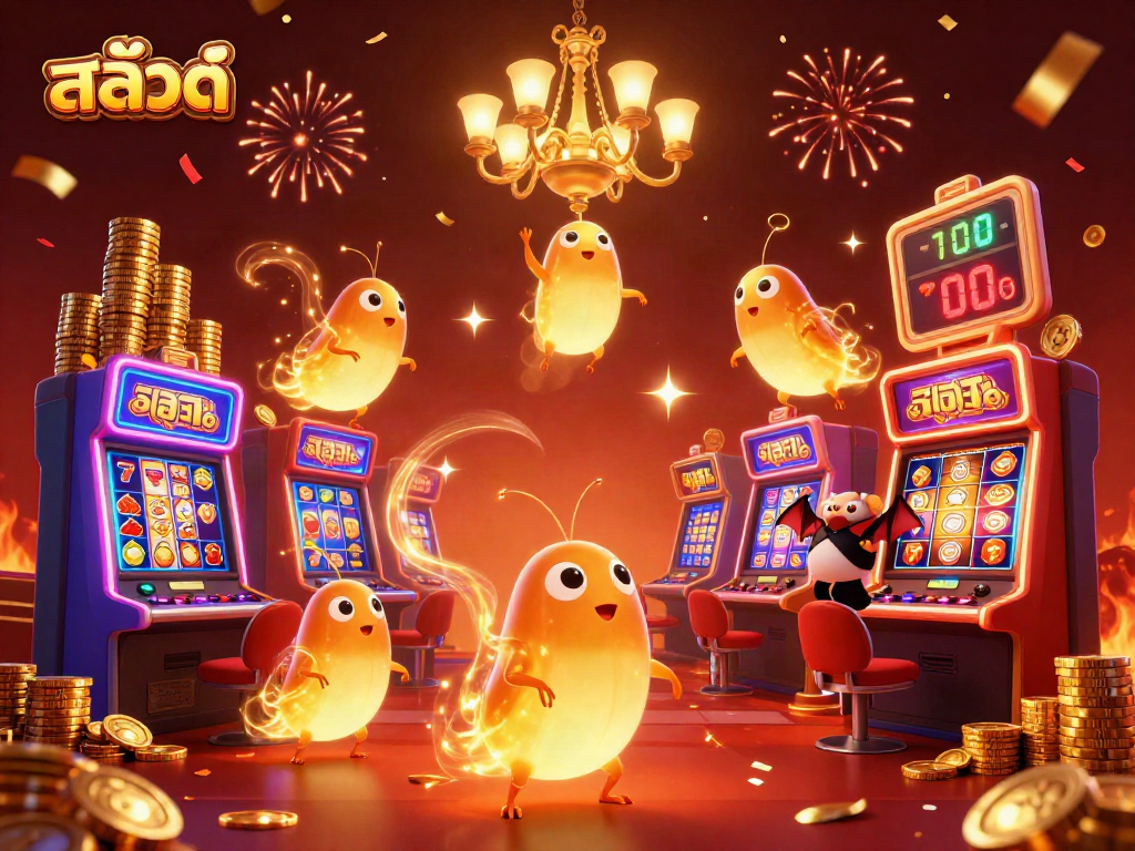 Engage in exciting สล็อต action as glowworms illuminate a vibrant casino scene filled with jackpot slots.