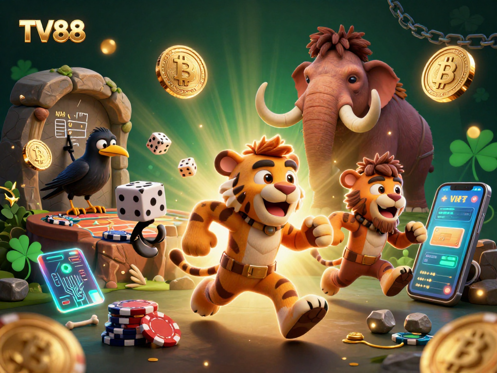 Experience excitement at TV88 with a 3D cartoon caveman and sabertooth running a prehistoric casino.