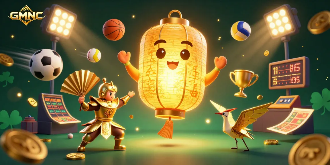Experience GMNC's vibrant casino scene featuring a golden lantern spirit and lucky symbols.