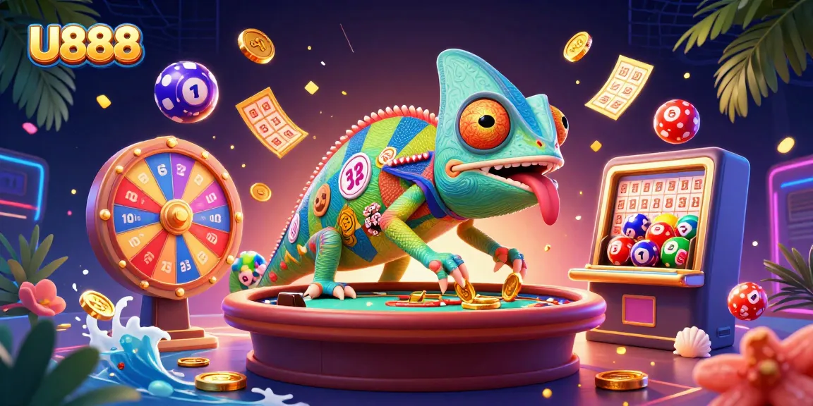 Experience the thrilling world of U888 with colorful lottery balls, spinning prizes, and a vibrant casino atmosphere.