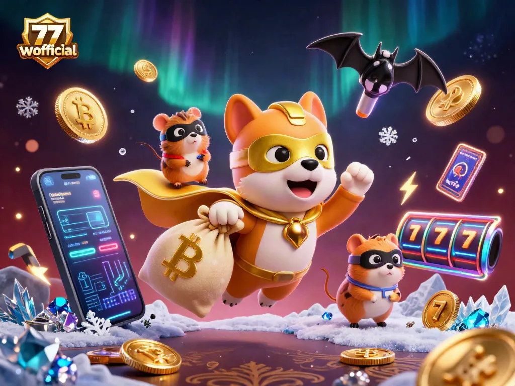 Experience thrilling wins with 77wofficial, featuring a superhero dog with gold coins in a vibrant casino scene.