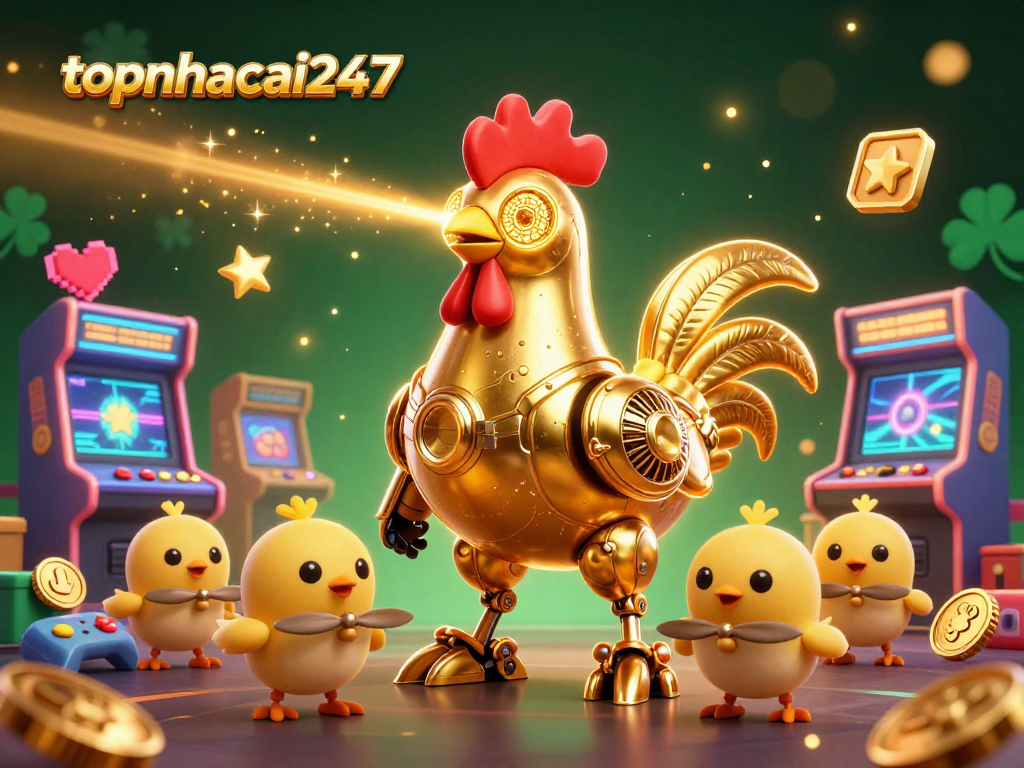 Experience thrilling moments with topnhacai247 in a vibrant casino scene featuring a golden rooster robot and arcade games.