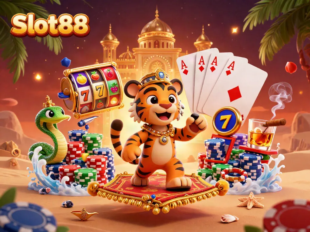 Permainan menarik Slot88 di kasino dengan Sultan harimau dan karakter genie.