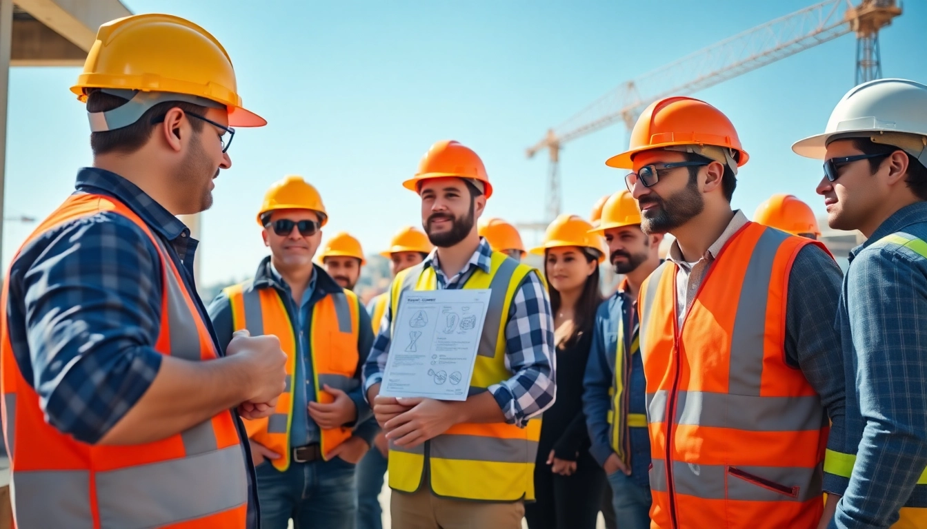 Engaged construction workers participating in construction safety training southern california with vibrant safety gear.