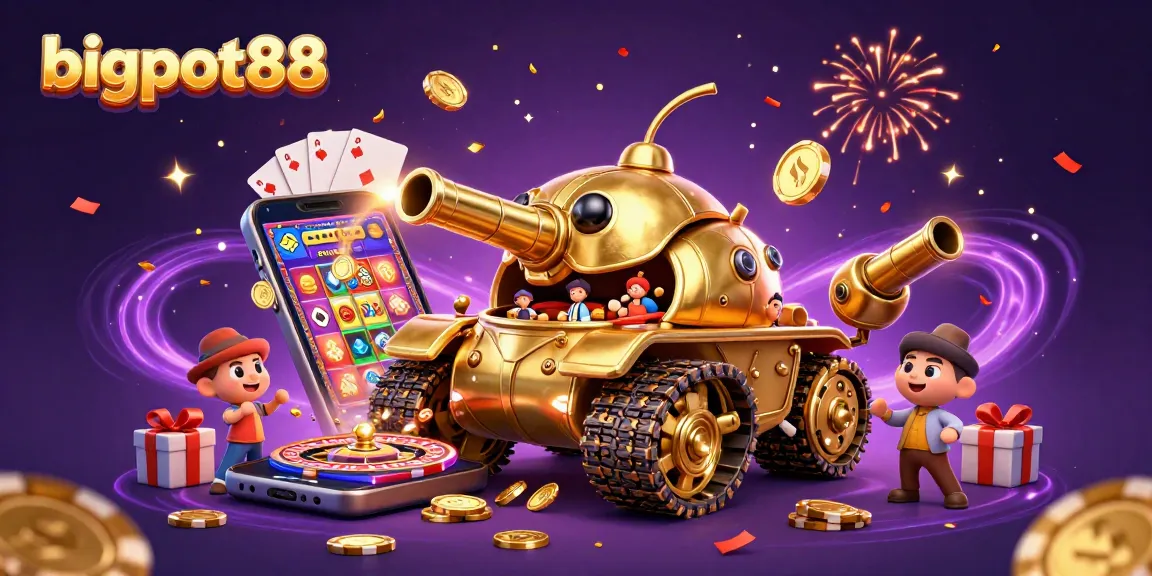 Experience bigpot88's exciting gaming world with vibrant slot reels and golden coins.