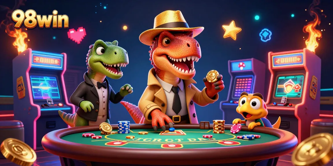 Explore the exciting world of 98win with a dynamic gambling scene, filled with cartoon characters and casino elements.