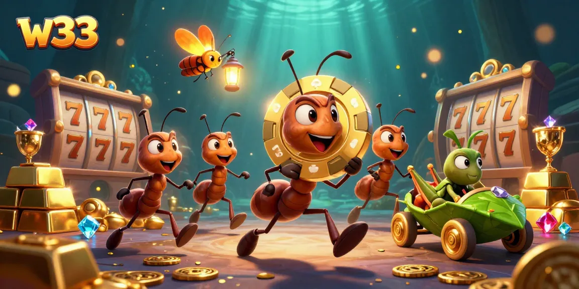 Join the fun with w33 as ants carry a giant poker chip in a vibrant casino heist scene.